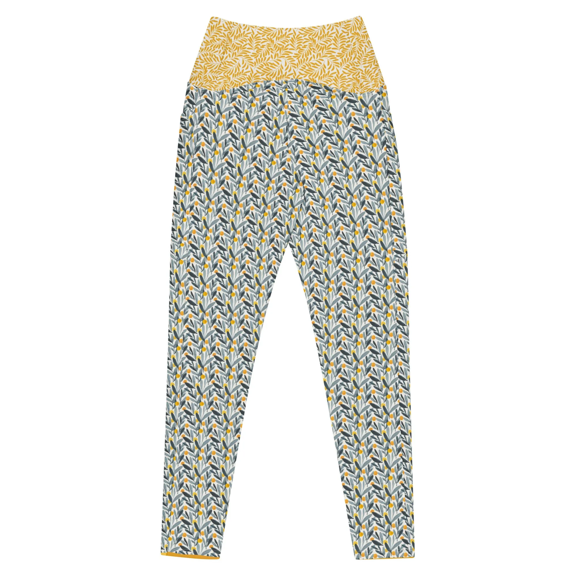 Gray and Gold Leaves Leggings with pockets