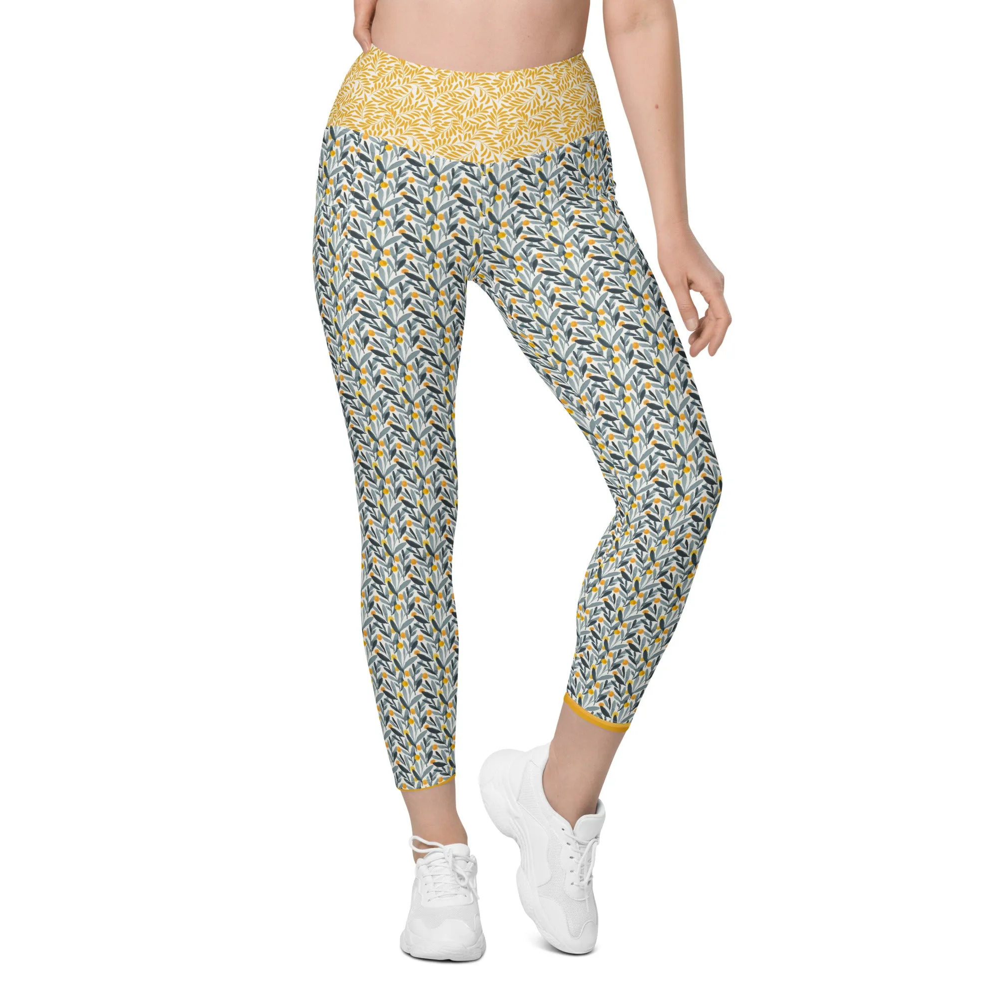 Gray and Gold Leaves Leggings with pockets