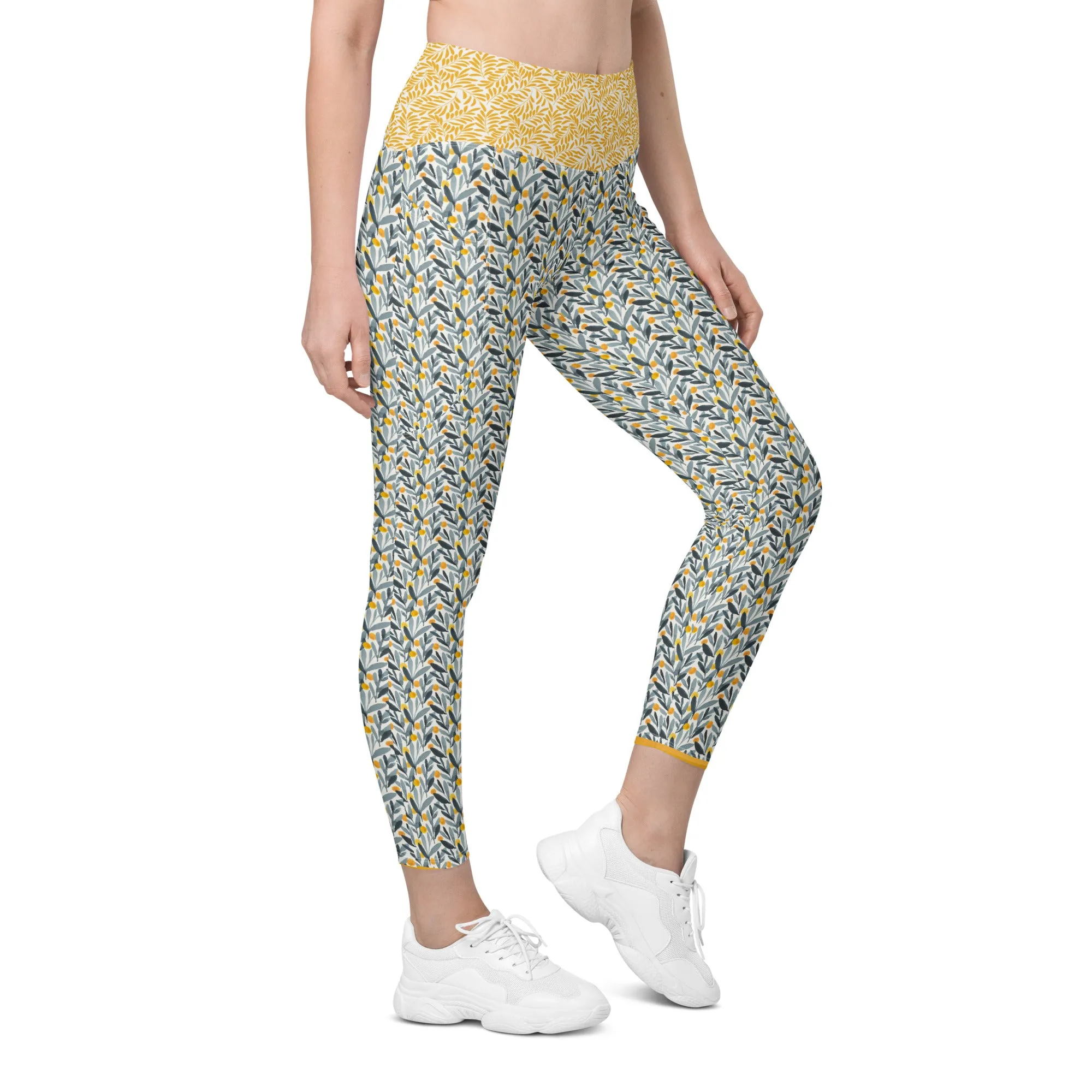Gray and Gold Leaves Leggings with pockets