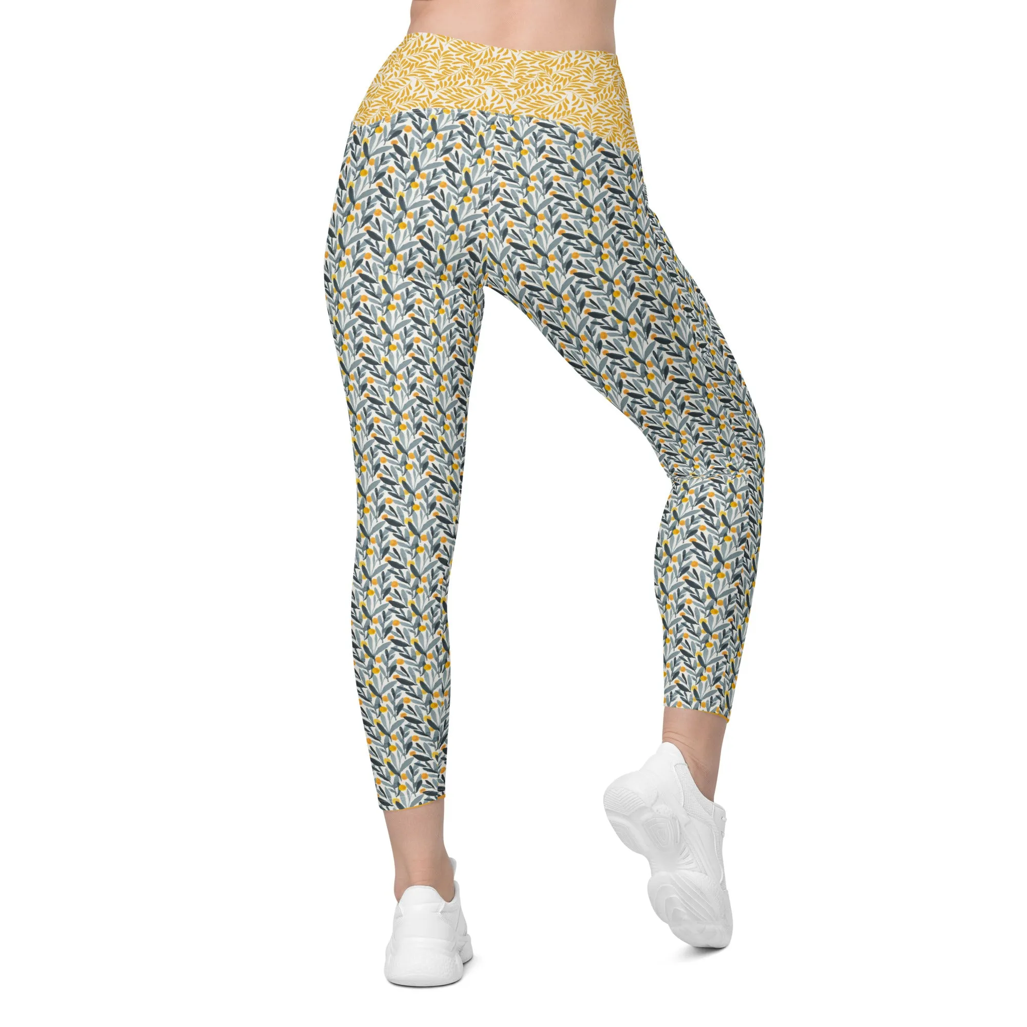 Gray and Gold Leaves Leggings with pockets