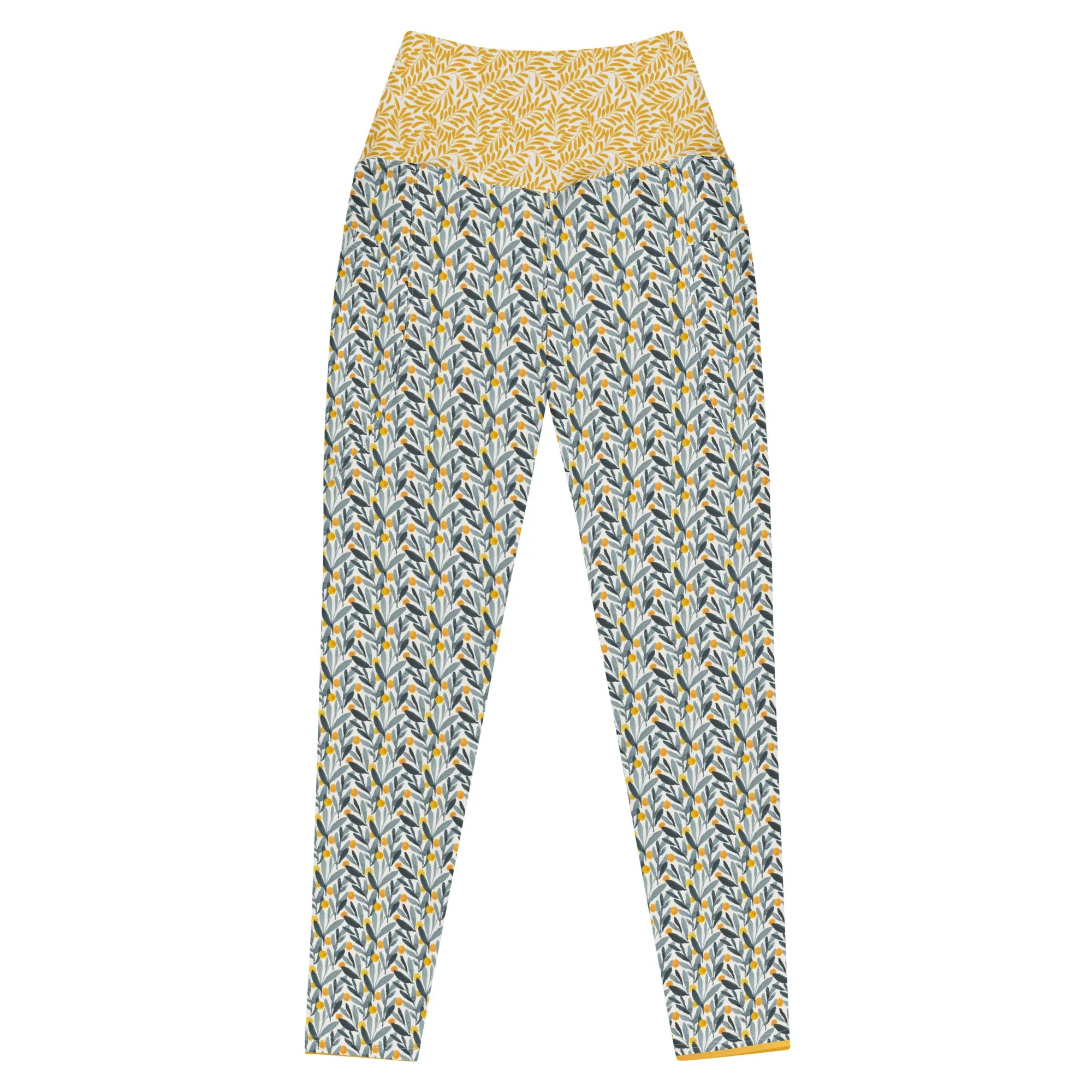 Gray and Gold Leaves Leggings with pockets