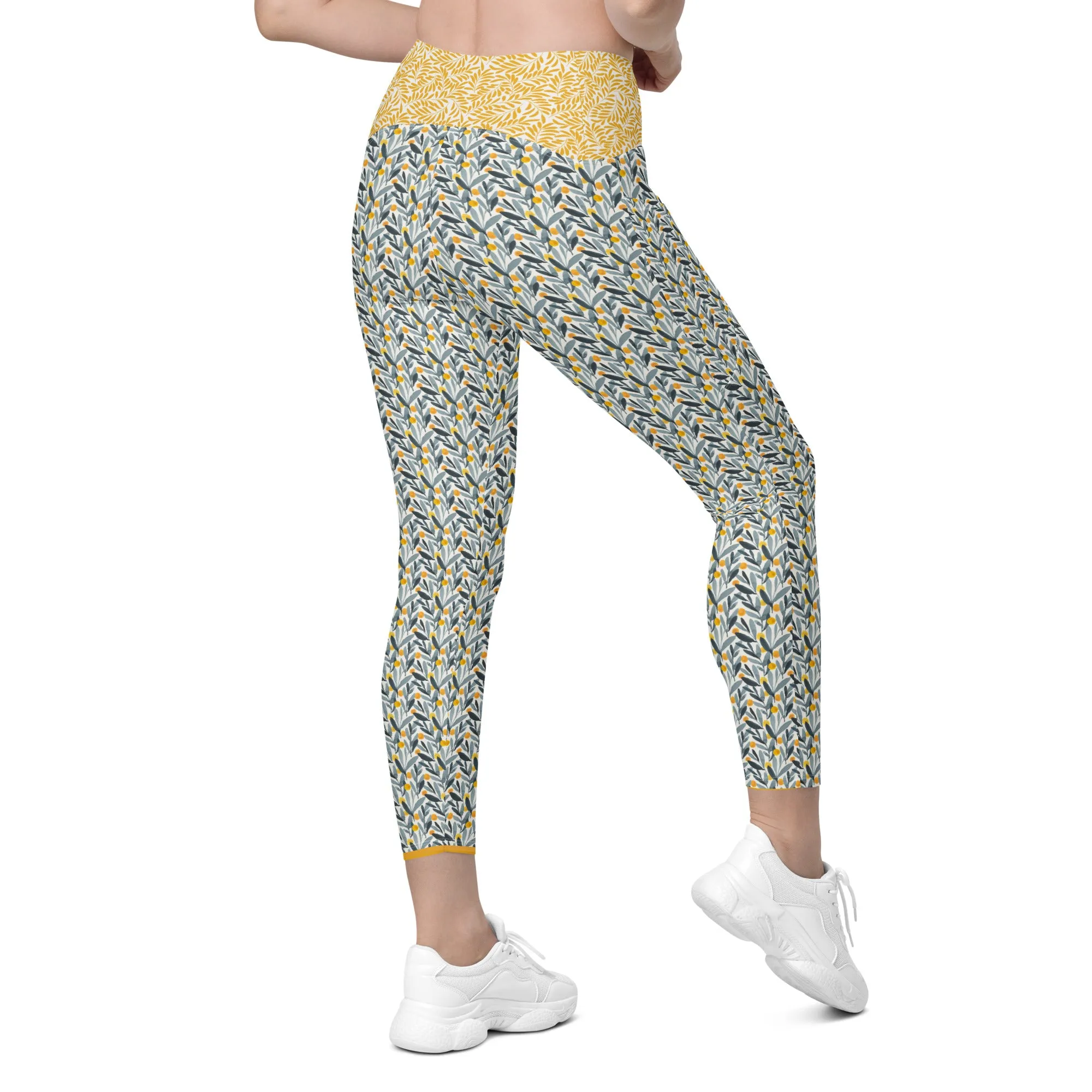 Gray and Gold Leaves Leggings with pockets