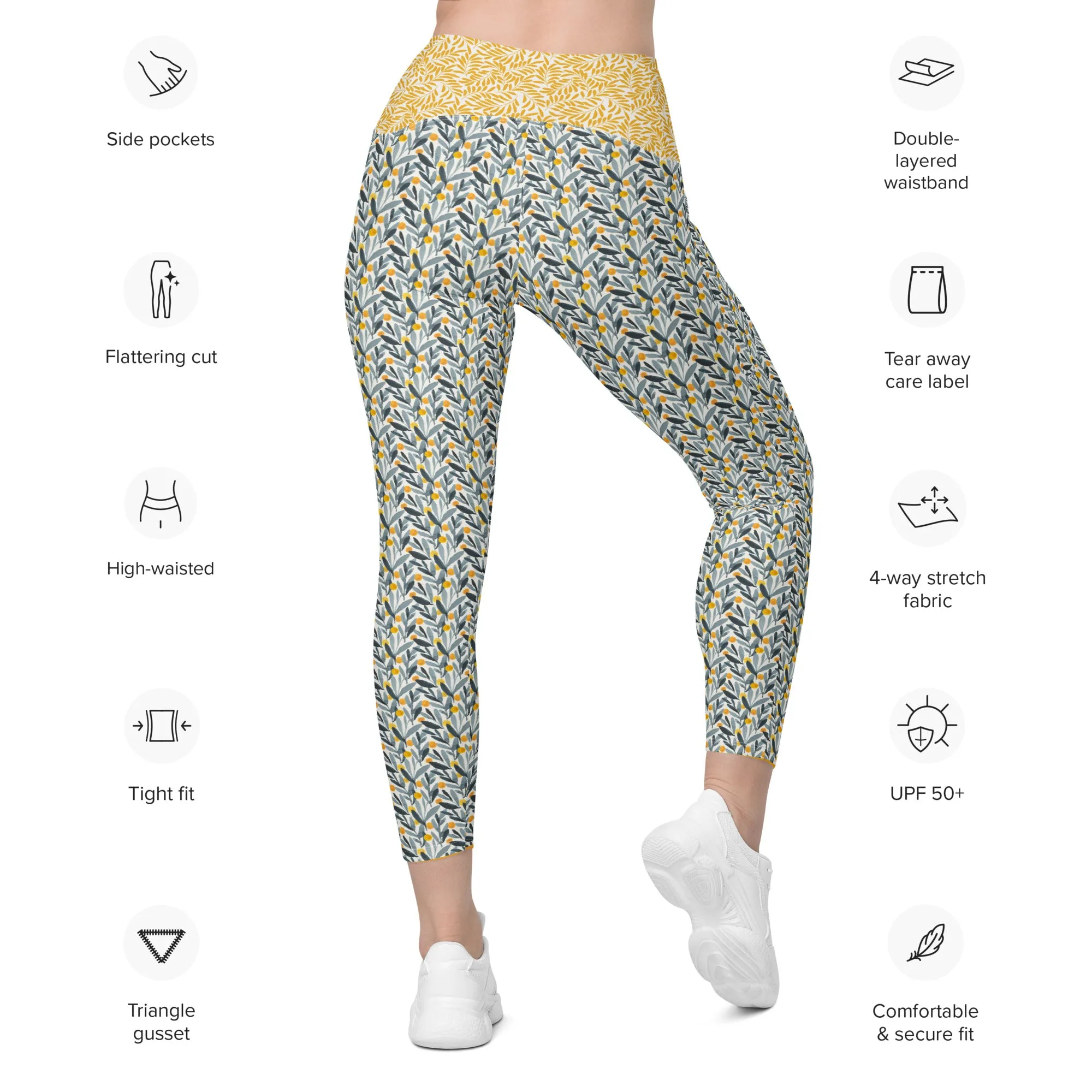 Gray and Gold Leaves Leggings with pockets