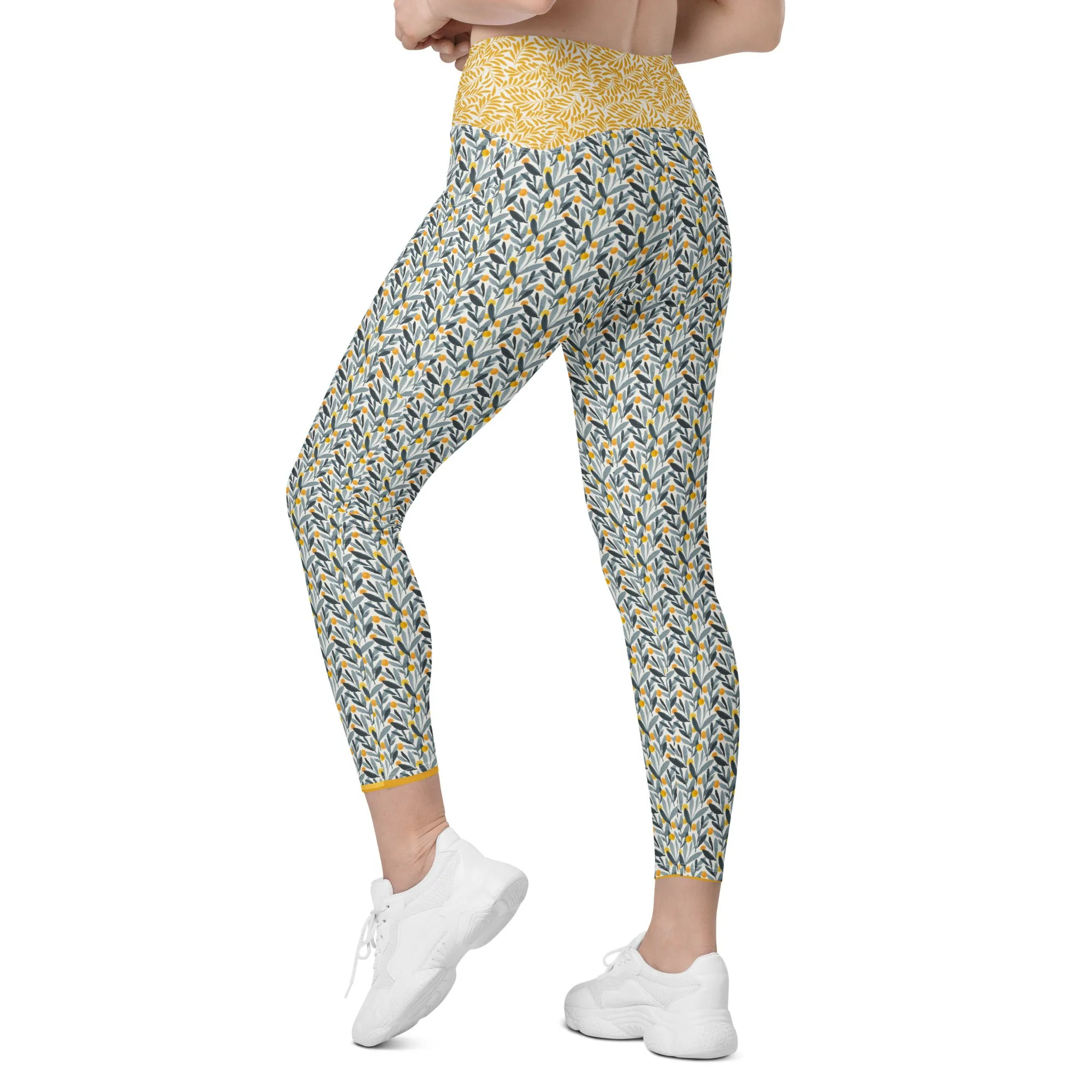 Gray and Gold Leaves Leggings with pockets