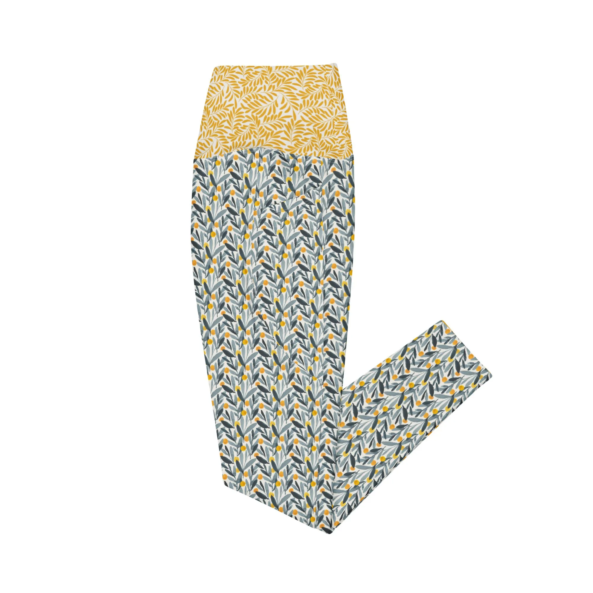 Gray and Gold Leaves Leggings with pockets