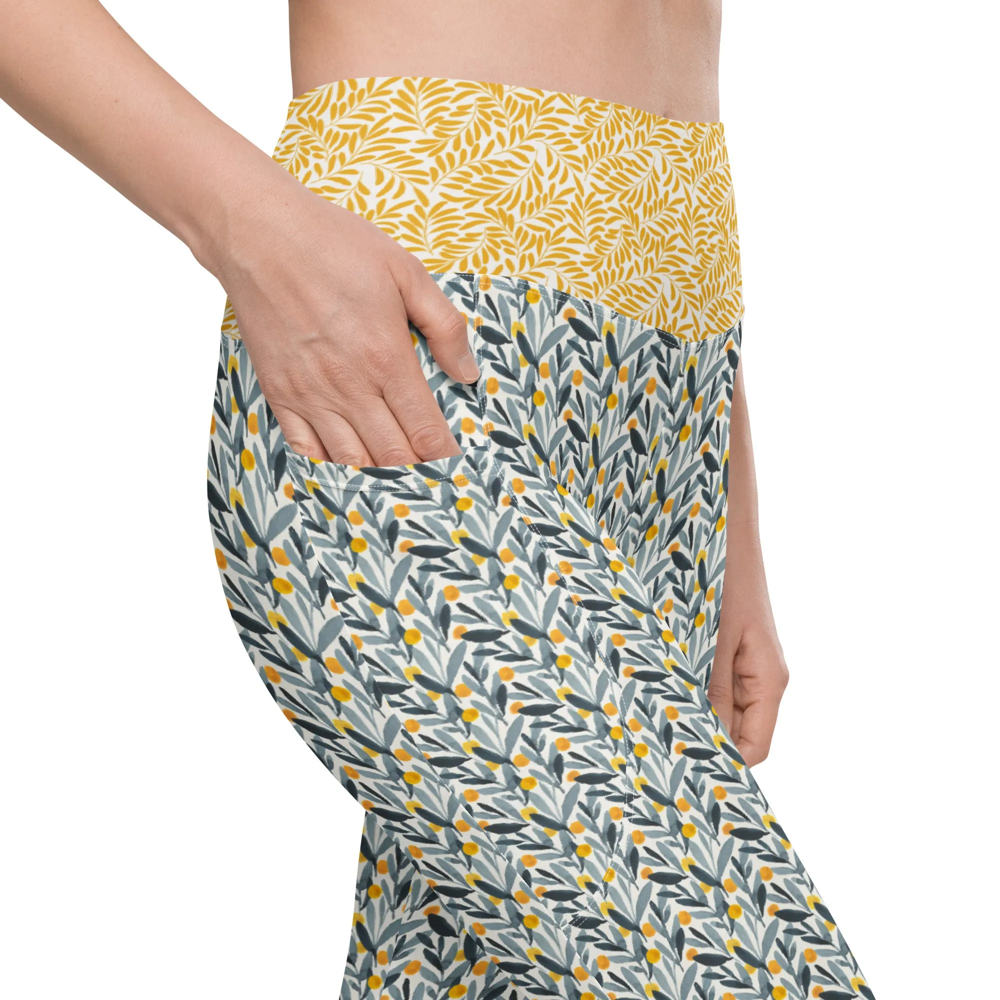 Gray and Gold Leaves Leggings with pockets