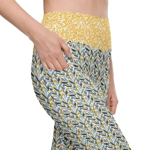 Gray and Gold Leaves Leggings with pockets