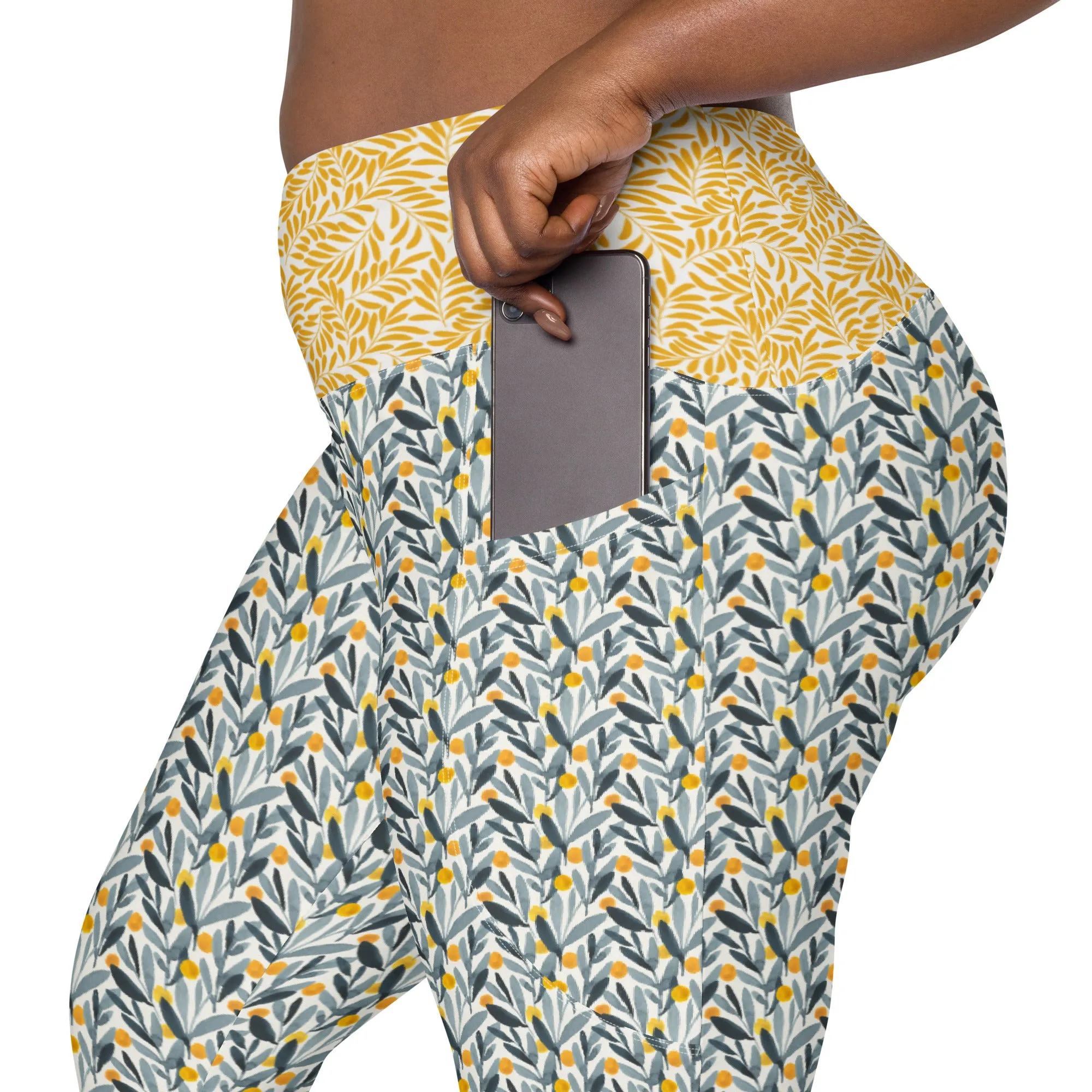 Gray and Gold Leaves Leggings with pockets