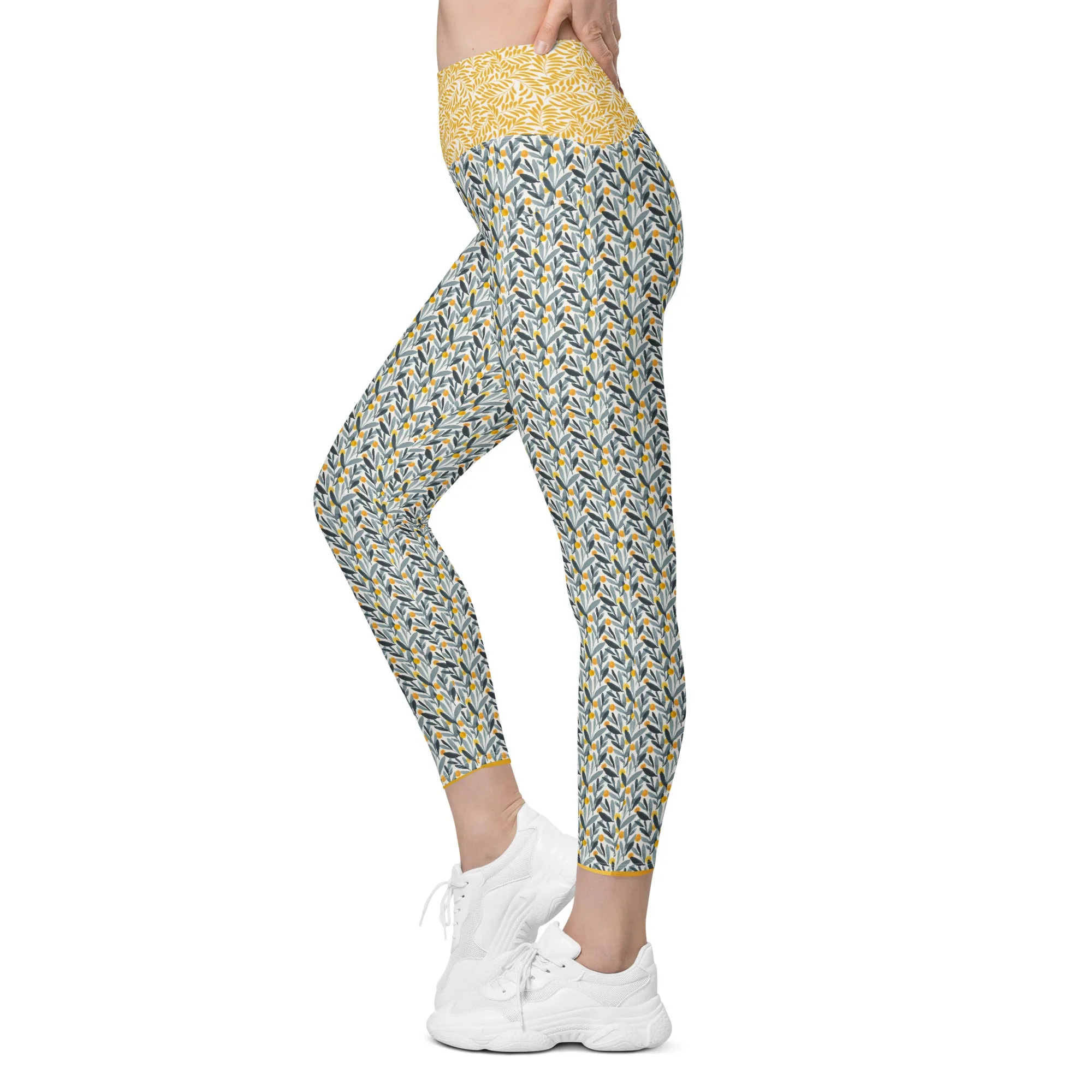 Gray and Gold Leaves Leggings with pockets