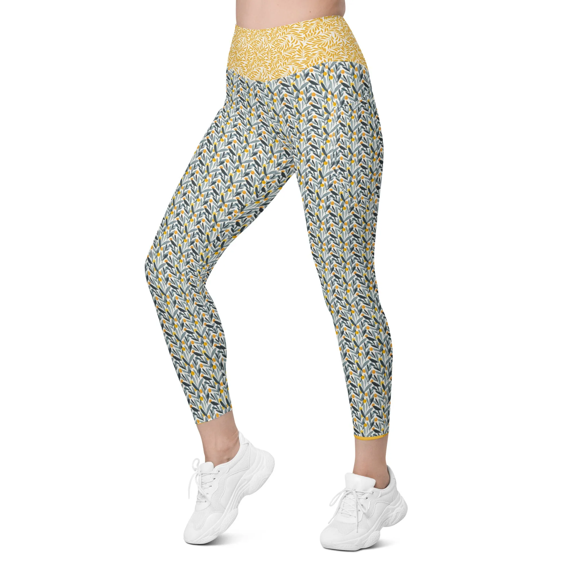Gray and Gold Leaves Leggings with pockets