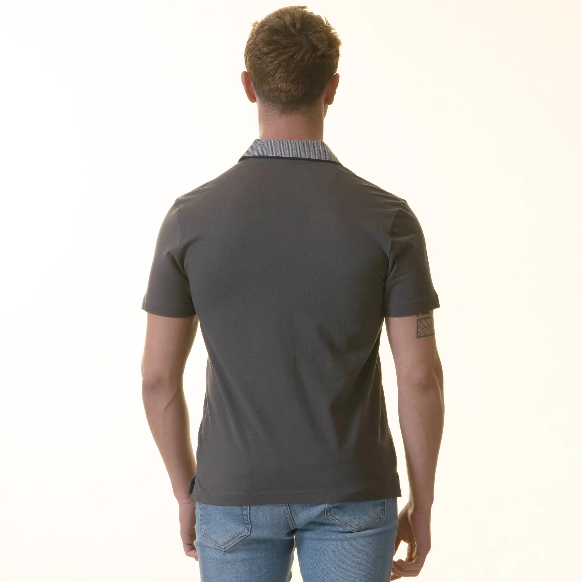 Gray inside Navy Printed Mens Slim Fit Polo Shirts - 100% Soft Cotton - Tailored Comfortable Fit