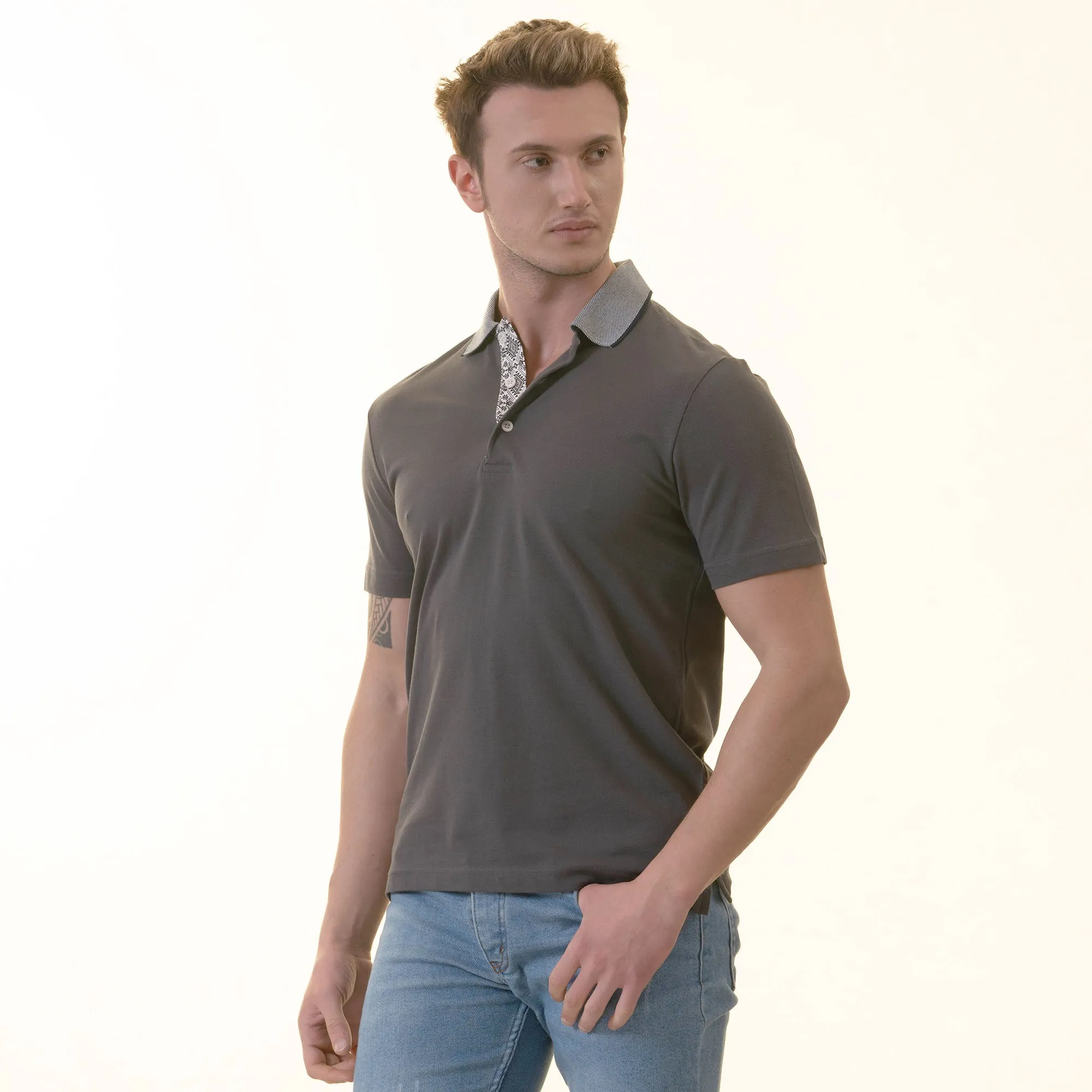 Gray inside Navy Printed Mens Slim Fit Polo Shirts - 100% Soft Cotton - Tailored Comfortable Fit