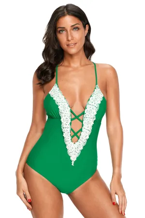 Green Crochet Deep V Neck Monokini