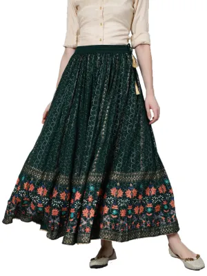 Green Gold Printed Flared Skirt