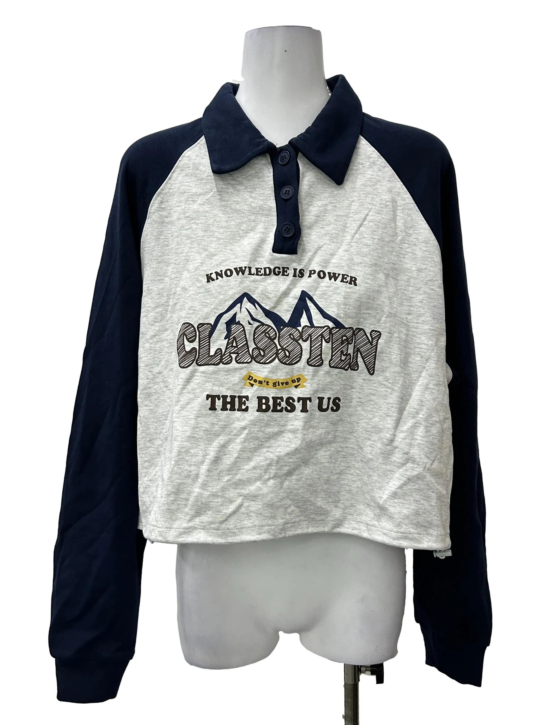 Grey Blue Raglan Long Sleeve Crop Top