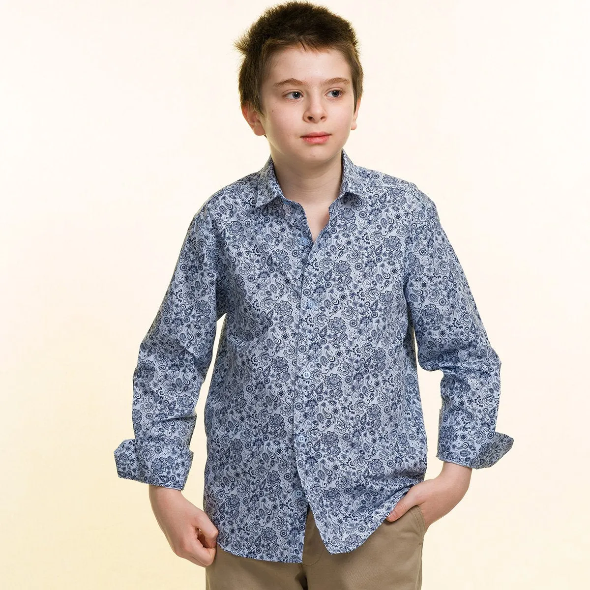 Grey With Blue Textured Boys Floral Hawaiian Shirts - Tropical Long Sleeve Shirts for Casual Look
