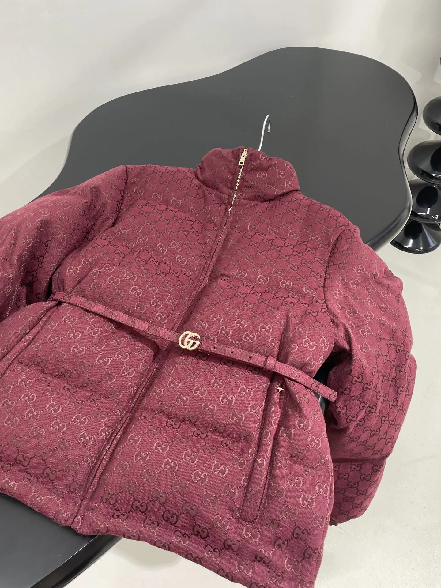 Gucci Burgundy Belted GG Puffer
