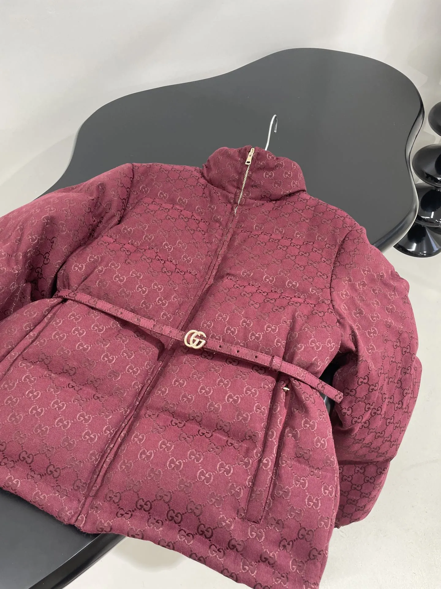 Gucci Burgundy Belted GG Puffer