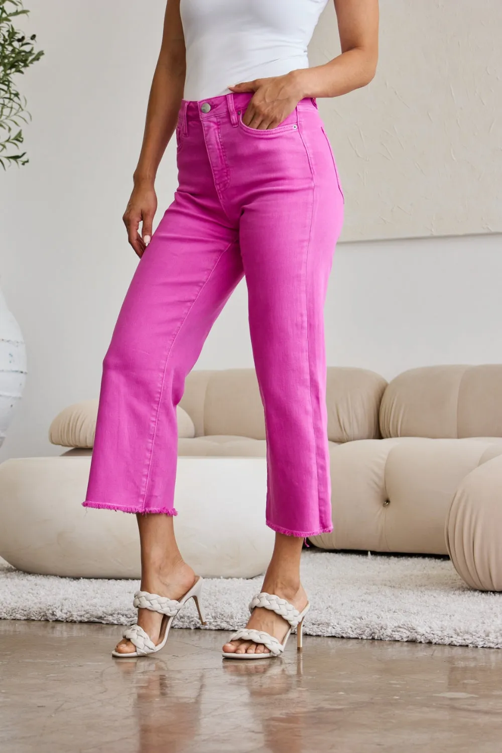 Hazel Blues® |  RFM Crop Chloe Tummy Control High Waist Raw Hem Jeans