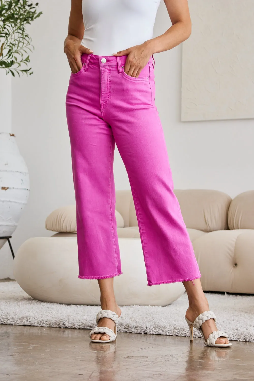 Hazel Blues® |  RFM Crop Chloe Tummy Control High Waist Raw Hem Jeans
