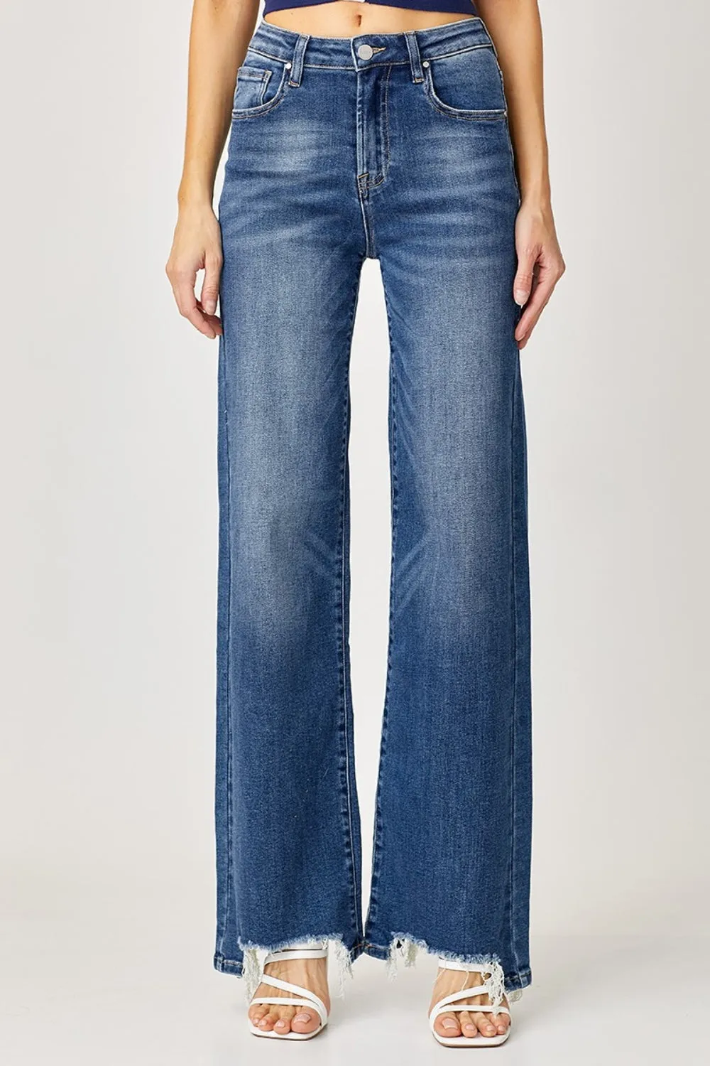 Hazel Blues® |  Risen High Rise Frayed Hem Wide Leg Jeans