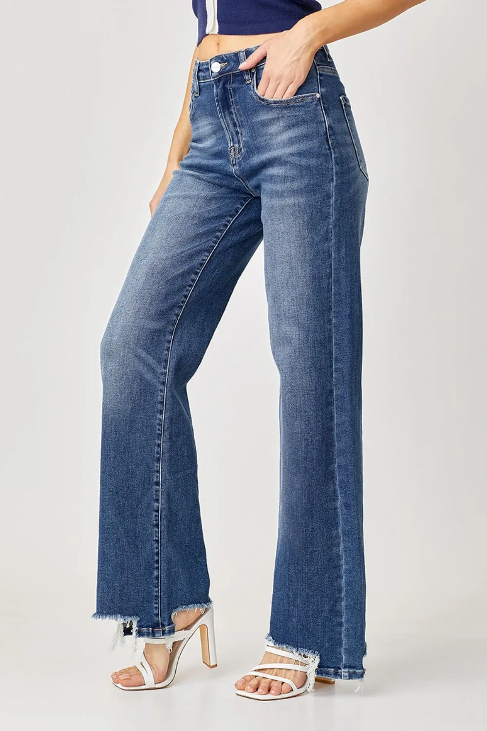 Hazel Blues® |  Risen High Rise Frayed Hem Wide Leg Jeans