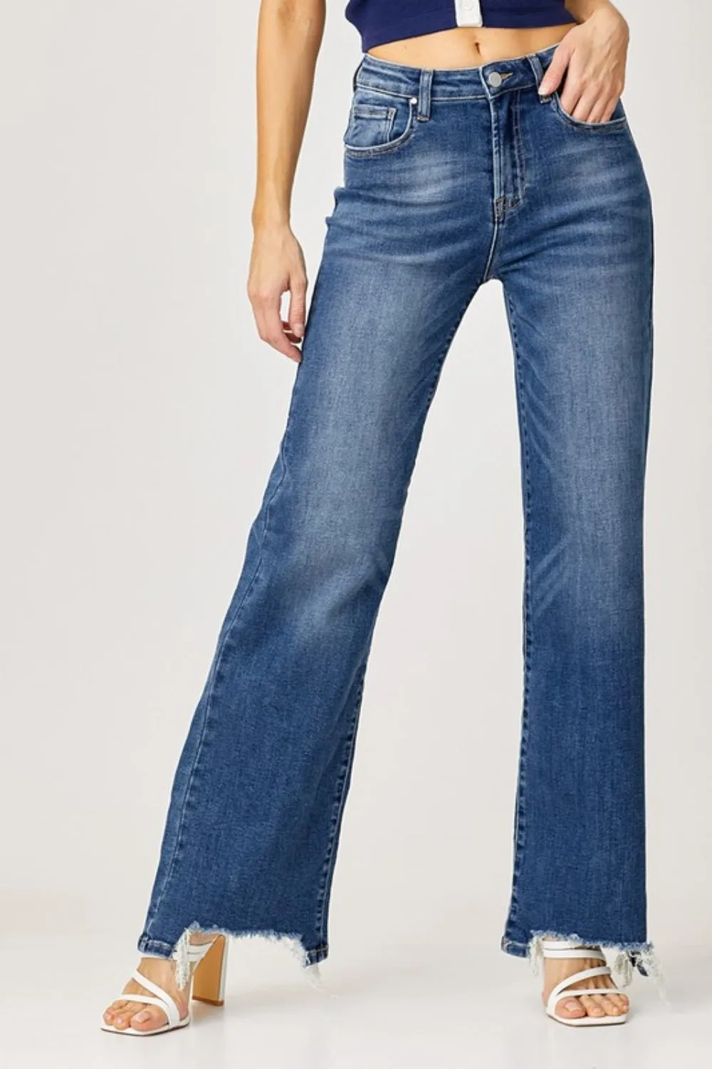 Hazel Blues® |  Risen High Rise Frayed Hem Wide Leg Jeans