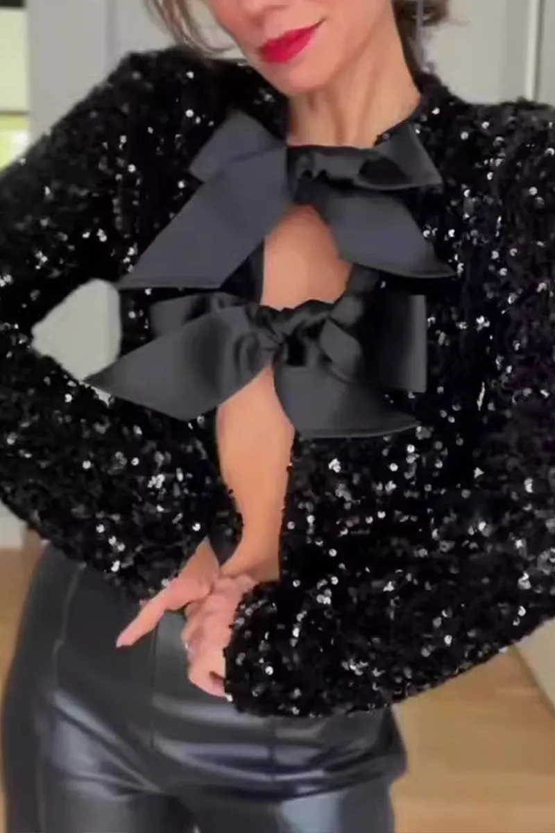 HCR1112 Glamorous Sequin Bow Top Outerwear