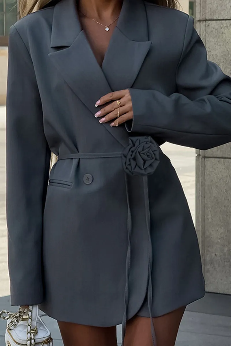 HCS1183 Elegant Rose Belted Blazer Dress Outerwear