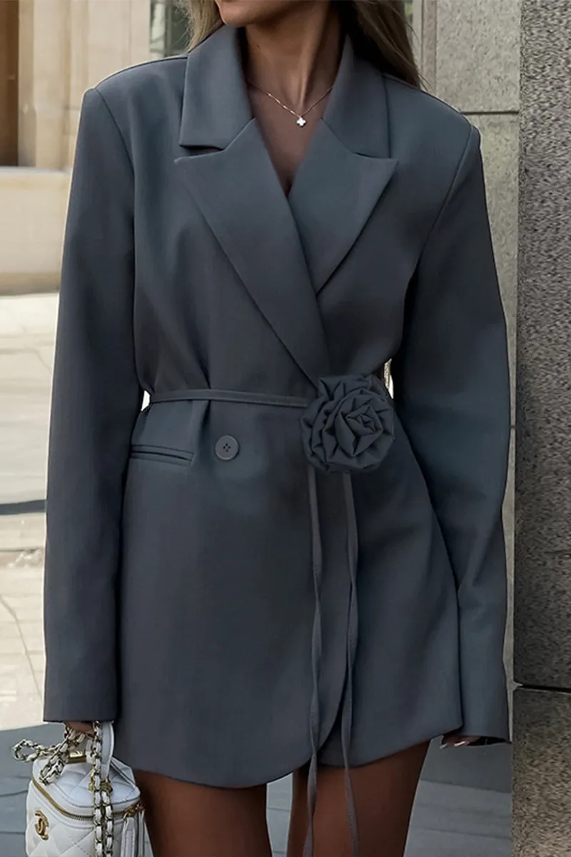 HCS1183 Elegant Rose Belted Blazer Dress Outerwear