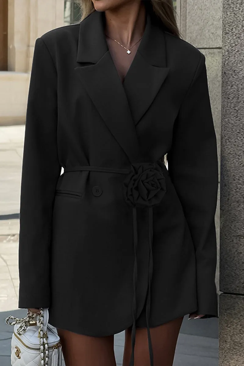 HCS1183 Elegant Rose Belted Blazer Dress Outerwear