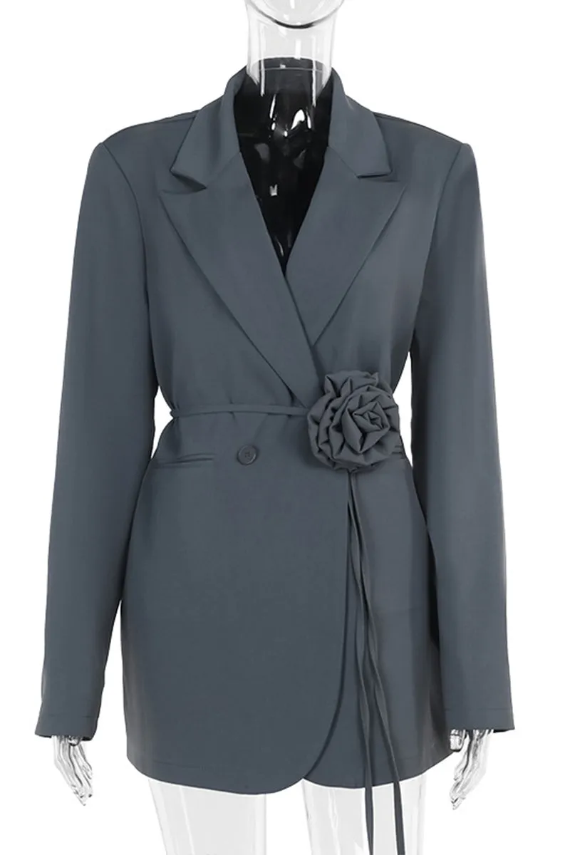HCS1183 Elegant Rose Belted Blazer Dress Outerwear