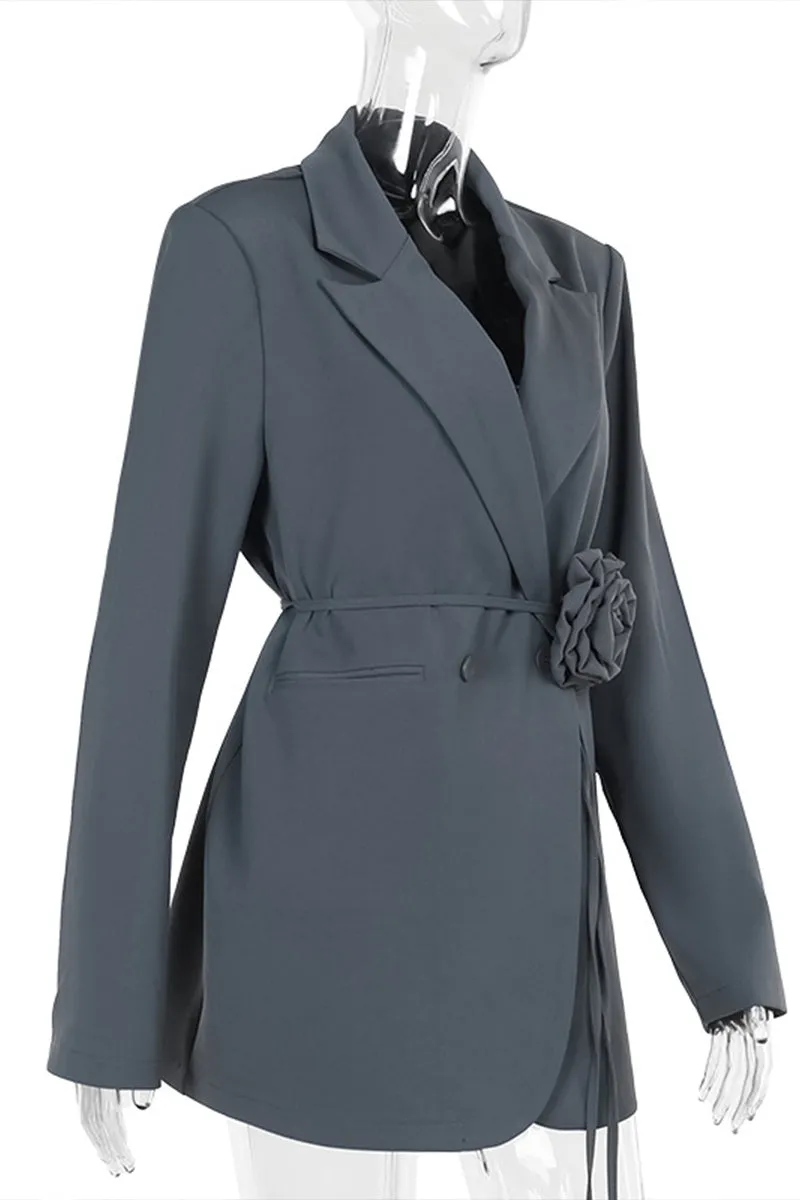 HCS1183 Elegant Rose Belted Blazer Dress Outerwear