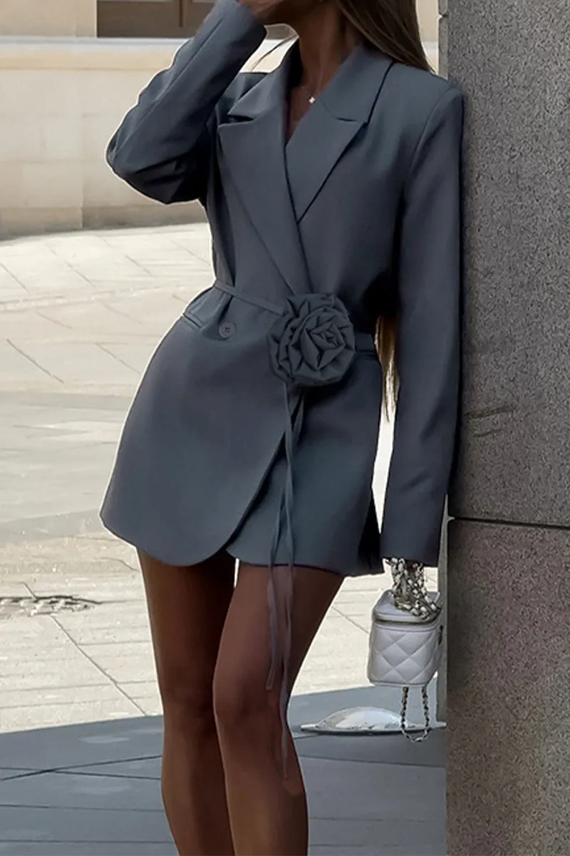 HCS1183 Elegant Rose Belted Blazer Dress Outerwear