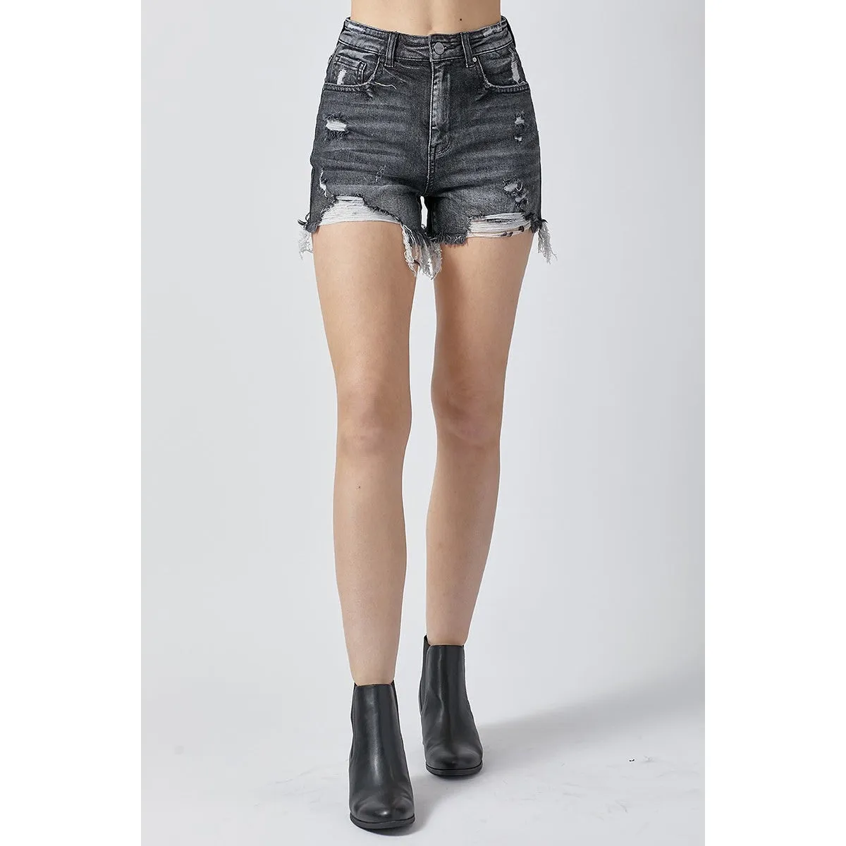 High on Life High Waist Distressed Shorts in Black