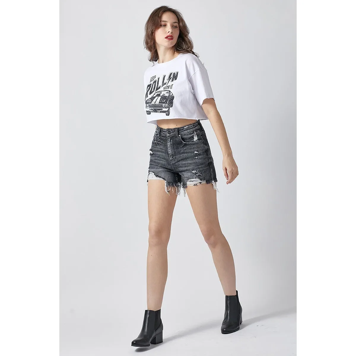 High on Life High Waist Distressed Shorts in Black