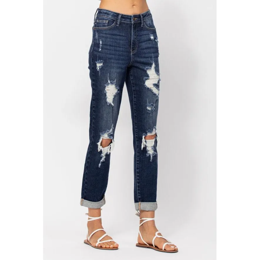 High Waist Destroyed Cuffed Boyfriend Jean