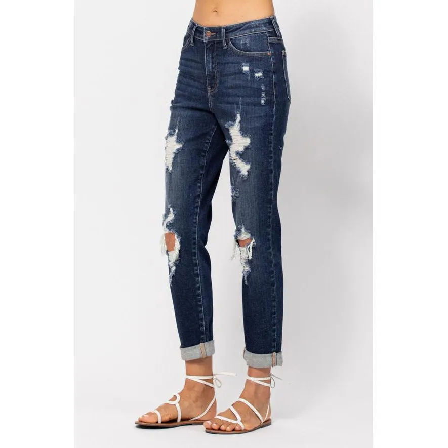 High Waist Destroyed Cuffed Boyfriend Jean