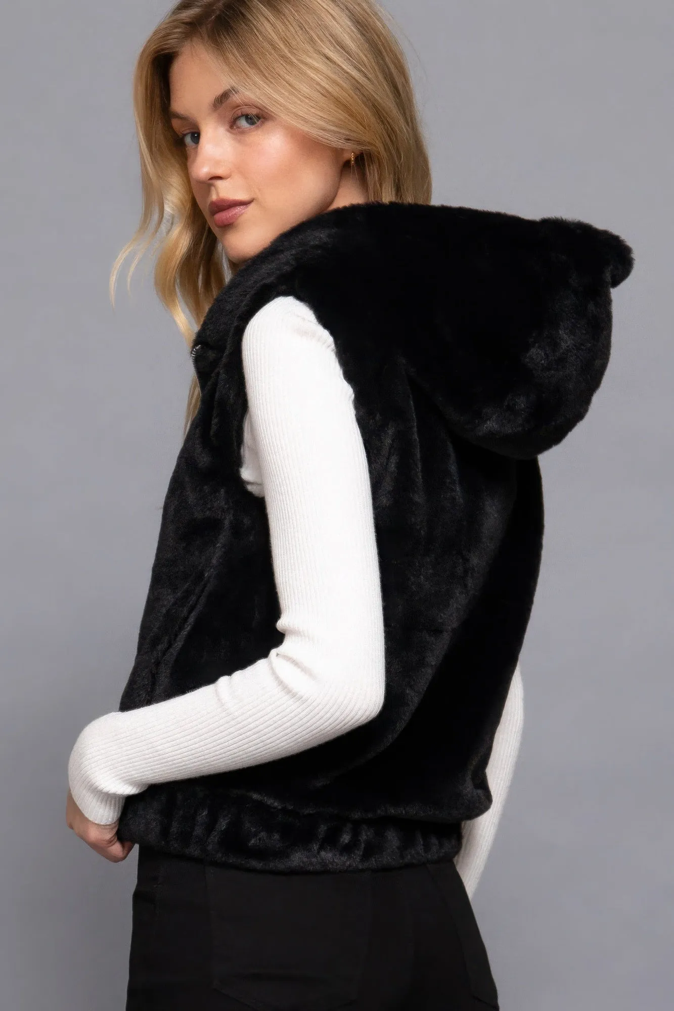 Hoodie Faux Fur Vest - Black