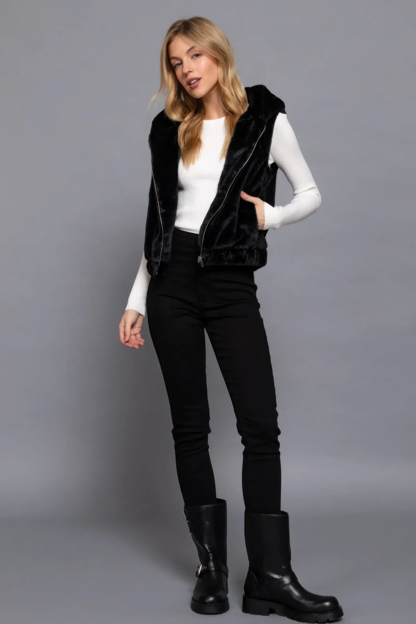Hoodie Faux Fur Vest - Black
