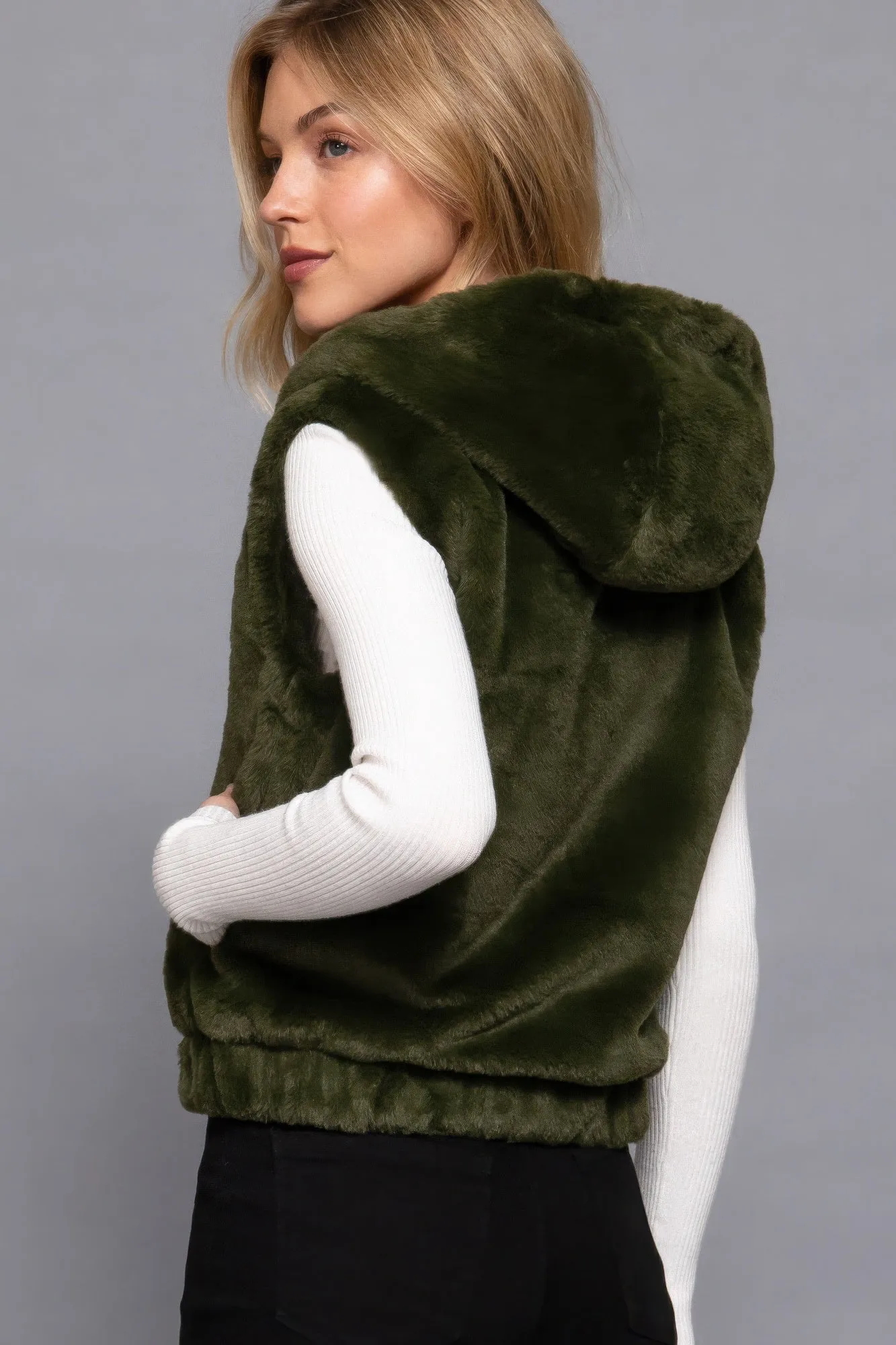 Hoodie Faux Fur Vest - Olive Green