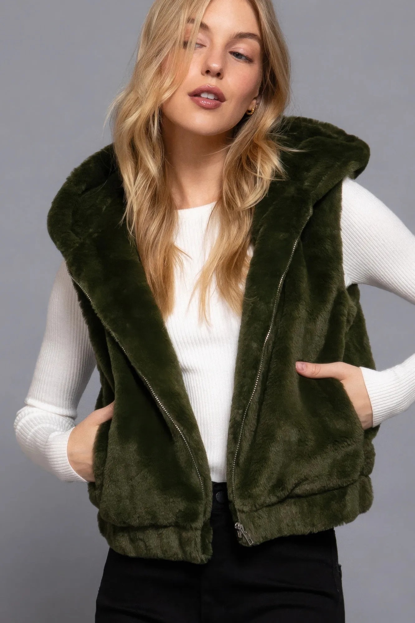 Hoodie Faux Fur Vest - Olive Green