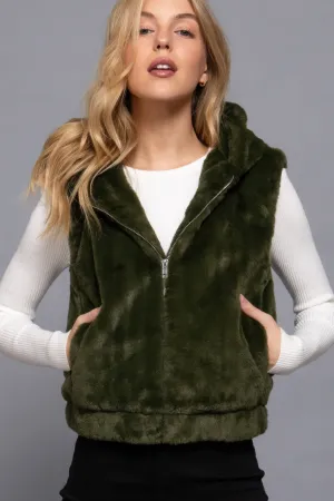 Hoodie Faux Fur Vest - Olive Green