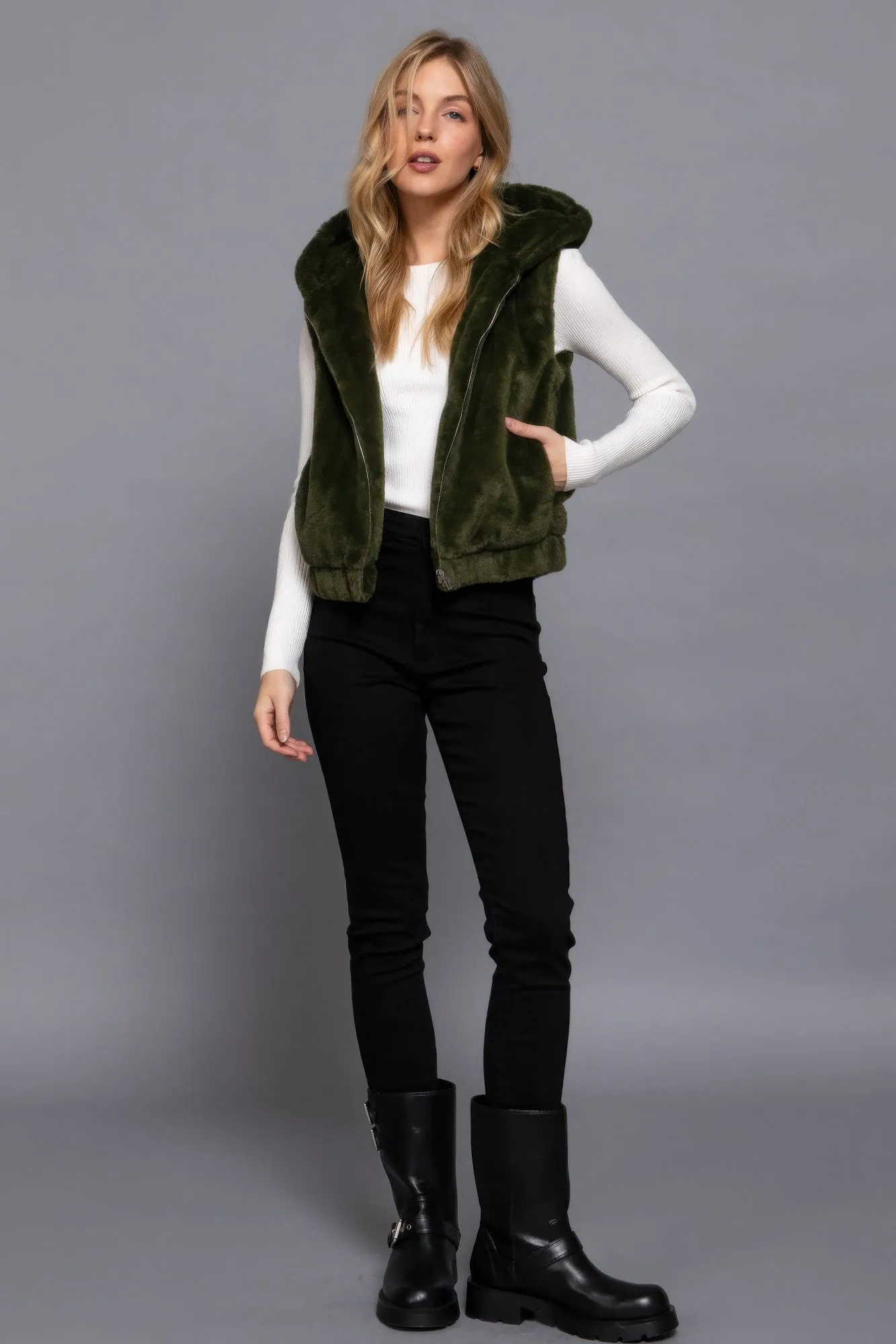 Hoodie Faux Fur Vest - Olive Green