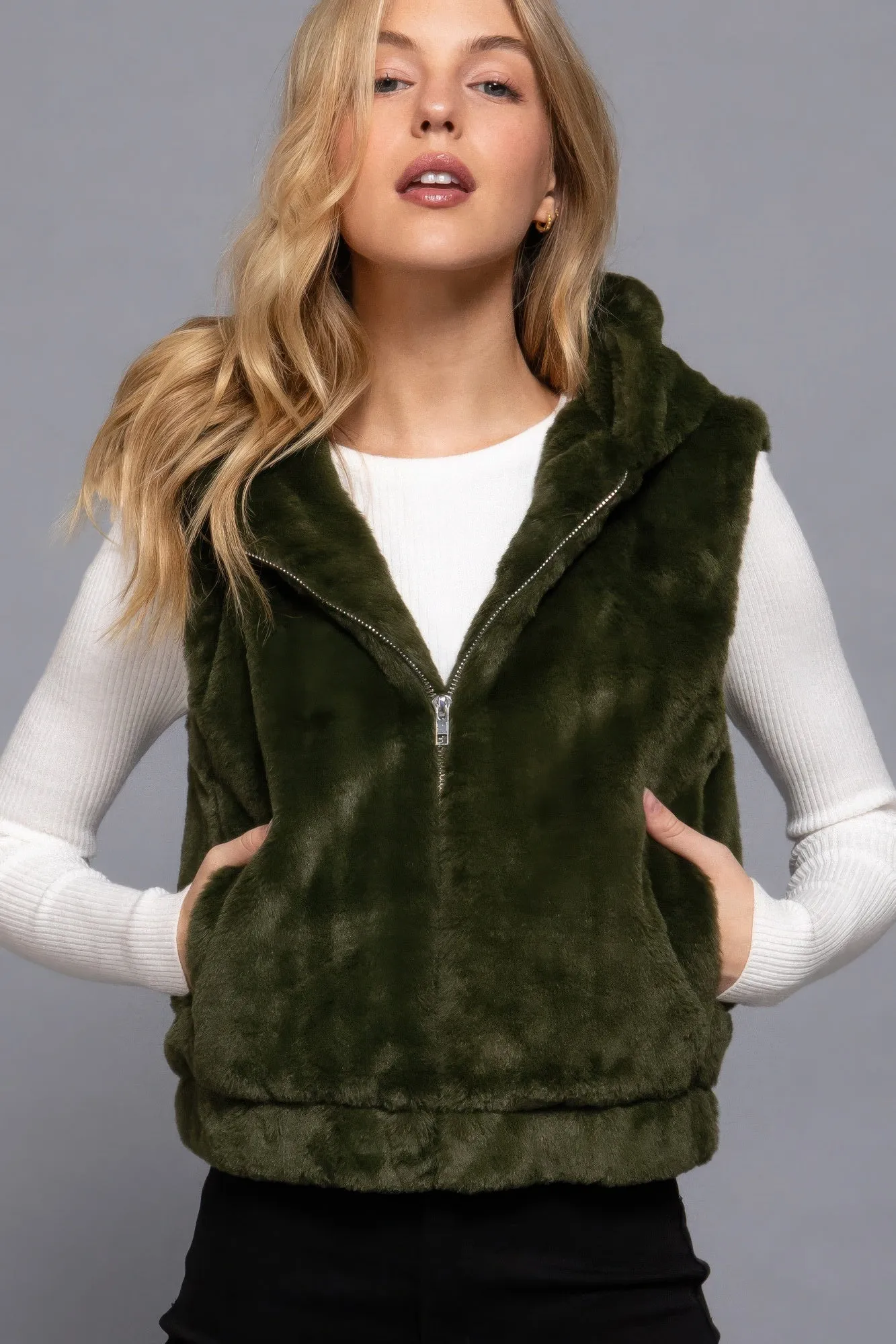 Hoodie Faux Fur Vest - Olive Green