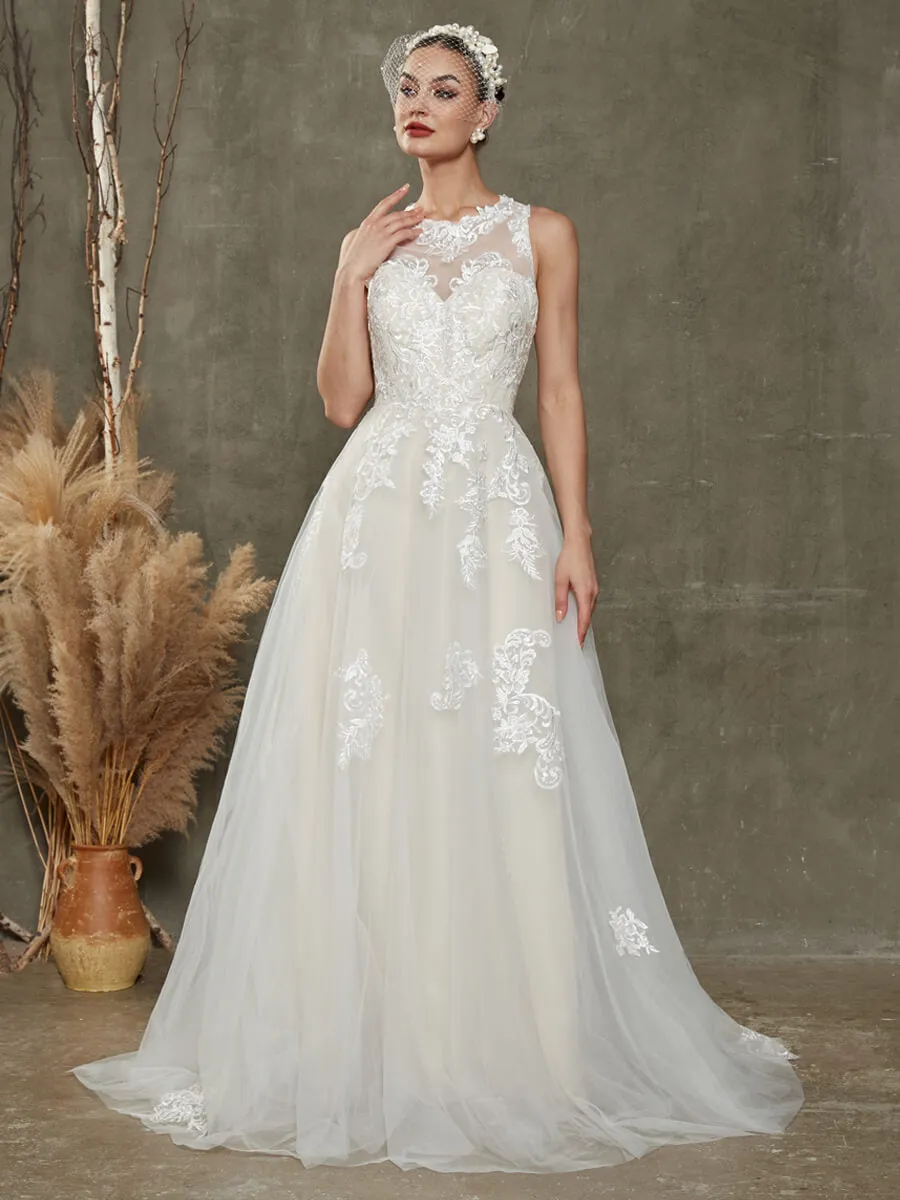 Illusion Sweetheart Sleeveless Lace Wedding Dress With Chapel Train