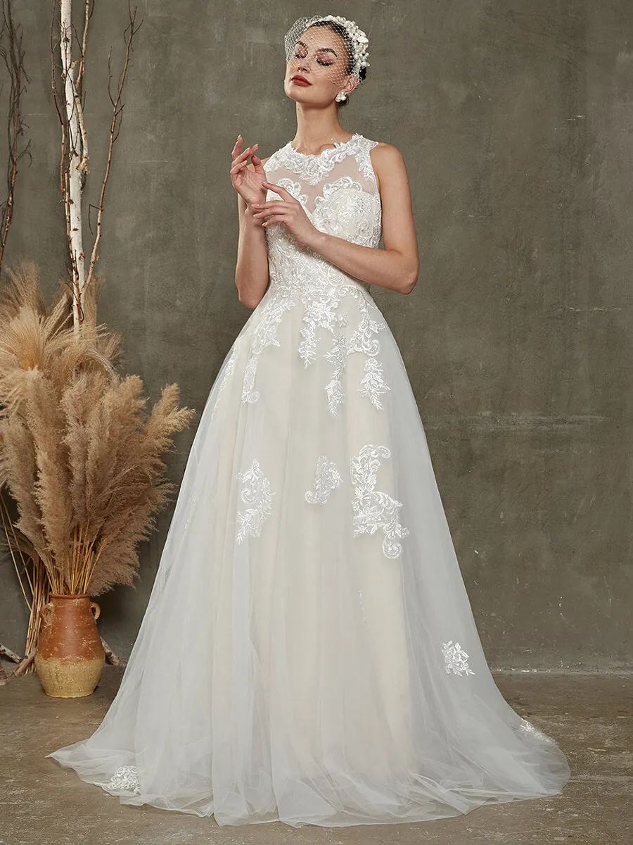 Illusion Sweetheart Sleeveless Lace Wedding Dress With Chapel Train