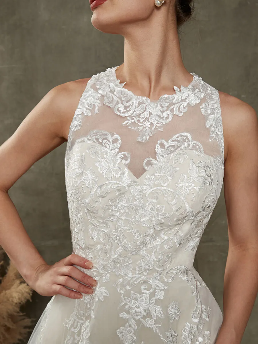 Illusion Sweetheart Sleeveless Lace Wedding Dress With Chapel Train