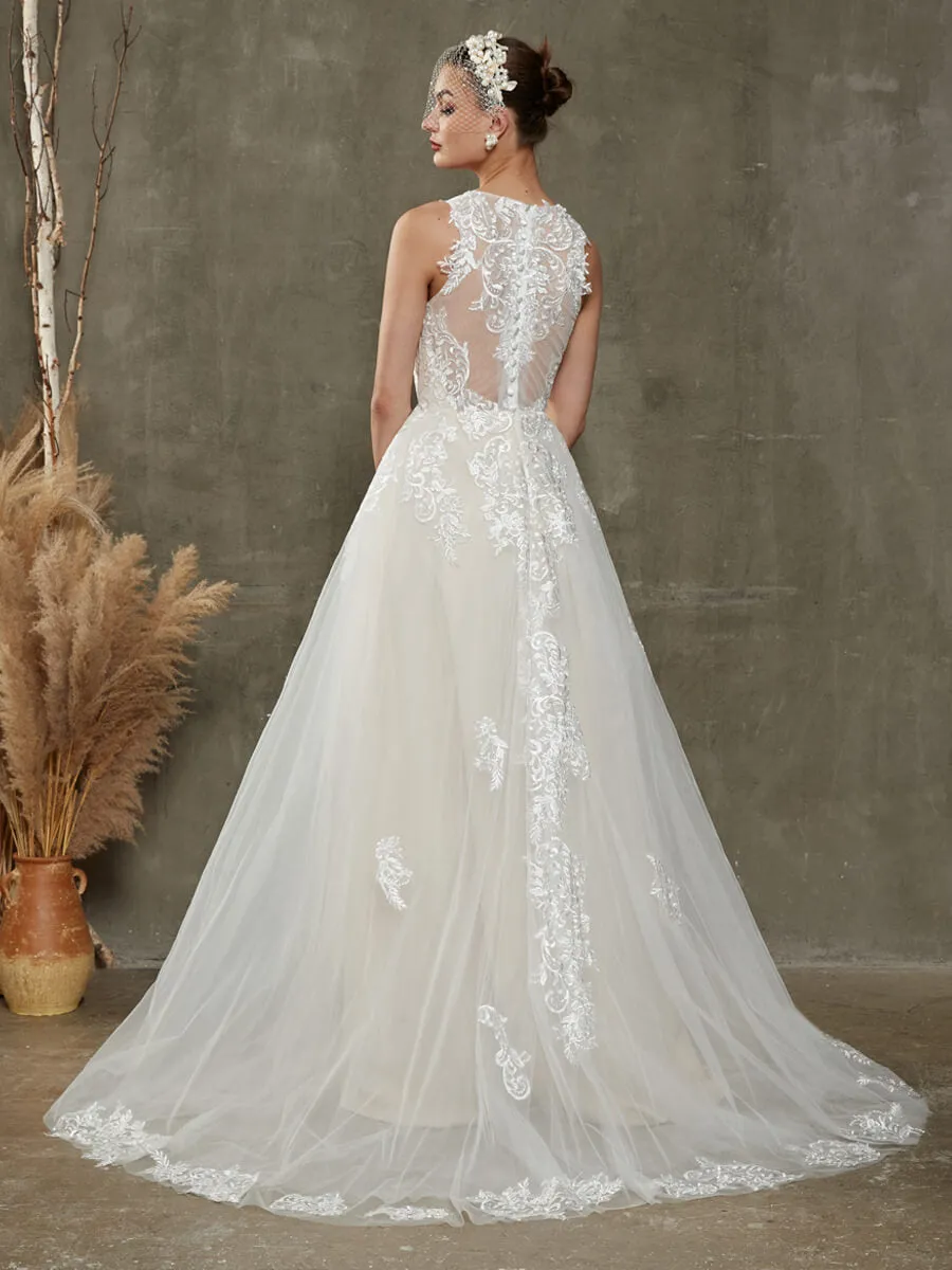 Illusion Sweetheart Sleeveless Lace Wedding Dress With Chapel Train