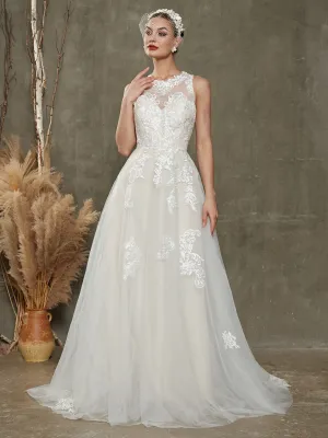 Illusion Sweetheart Sleeveless Lace Wedding Dress With Chapel Train